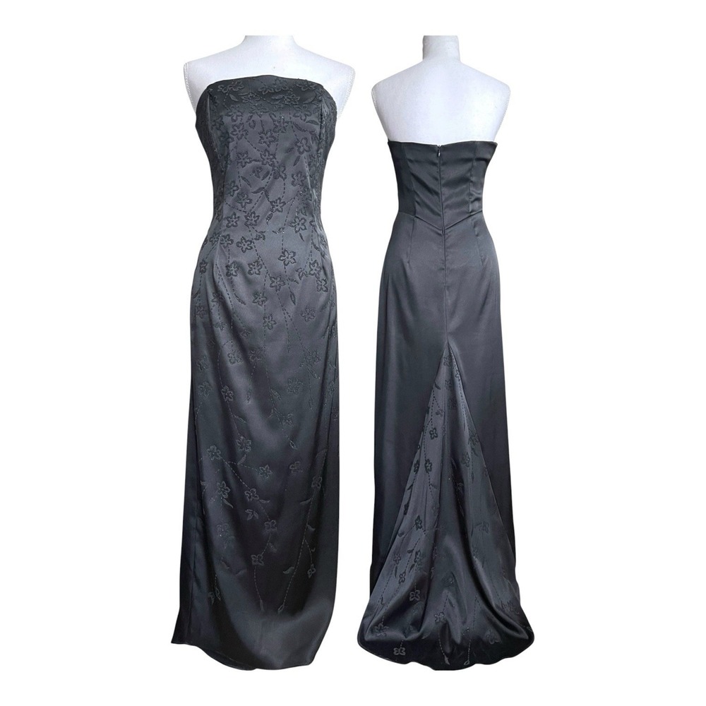 Vintage 90's Y2K Strapless Black Satin Corset Floral Maxi Gown Beaded Goth Prom